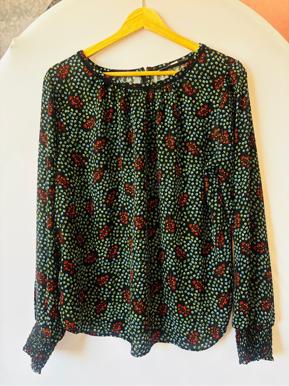 LOFT Black Floral Long-Sleeve Blouse with Green & Red Accents